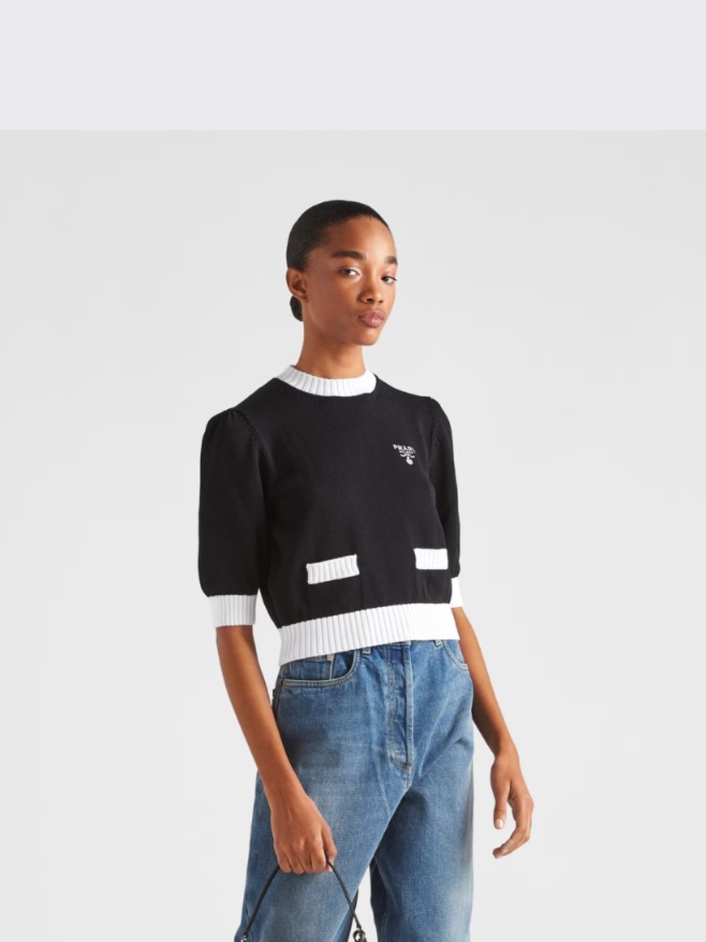 Prada Black Crewneck Sweater with White Trim and Logo - Picture 2 of 4